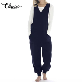 

S-5XL Celmia Casual Vintage Rompers Women Knitted Elastic Jumpsuits 2020 Summer Fashion V-Neck Solid Bodysuits Female Overalls