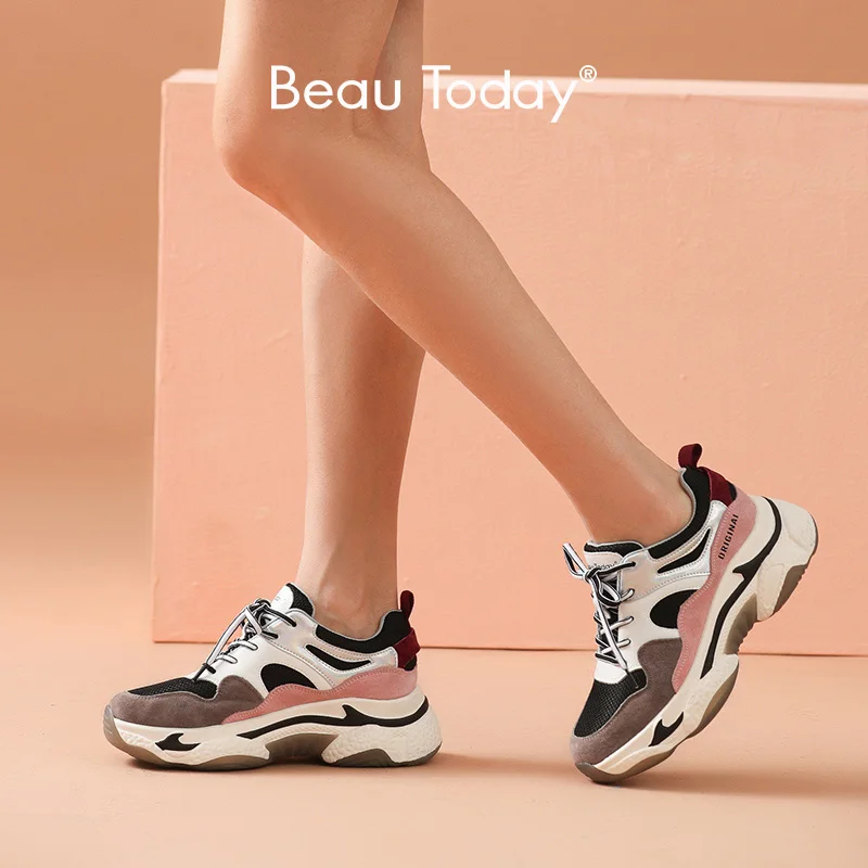 Женские кроссовки с толстой подошвой BeauToday разноцветные сетчатые из натуральной