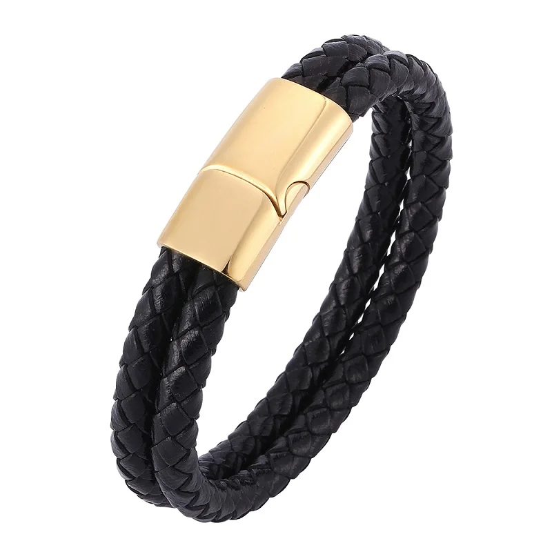 

Double Layer Black Braided Leather Men Bracelet Fashion Jewelry Stainless Steel Magnetic Clasp Male Bangles Dropshipping