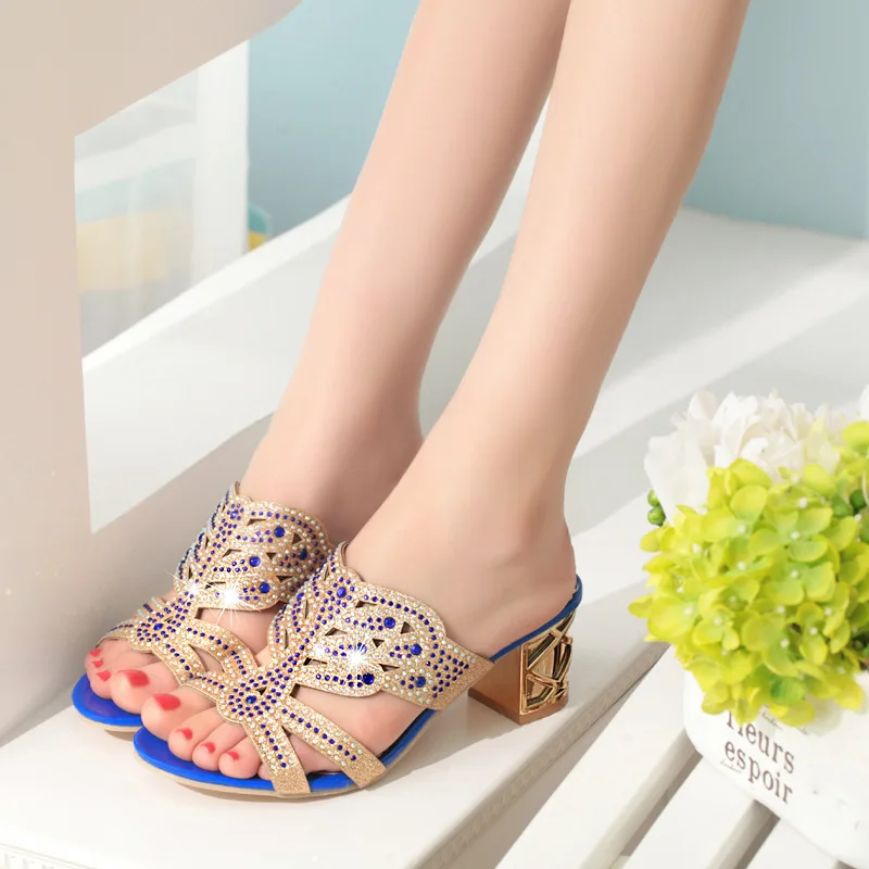 

WOMEN'S Sandals 2019 Summer Korean-style WOMEN'S Shoes Chunky-Heel Man-made Diamond Fish Mouth Semi-high Heeled Large Size WOMEN