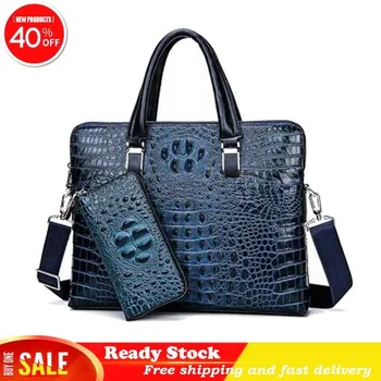 

Luxury brand crocodile pattern real cowhide blue laptop bag 15 inch brown portable slung black briefcase new fashion hot sale