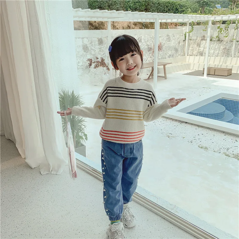 Свитер для девочек г. Осенняя одежда стильный пуловер вязаная рубашка весна-осень, вырез лодочкой, для детей, корейский стиль, западный стиль