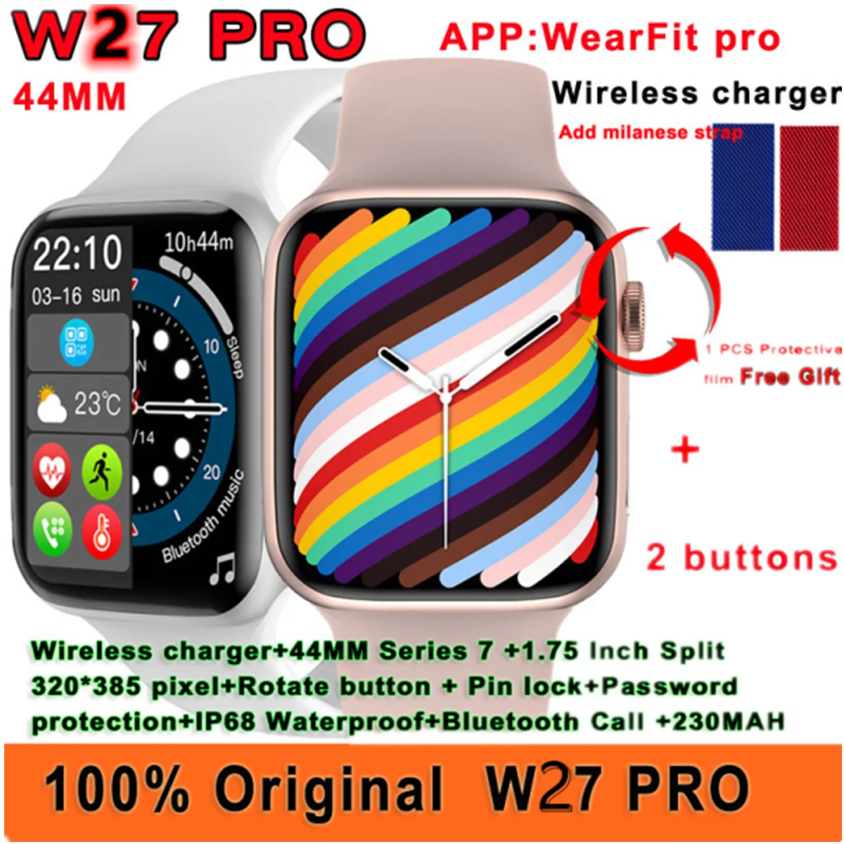 Оригинальные Смарт-часы iwo W27 Pro с двумя кнопками 44 мм серия 7 беспроводное