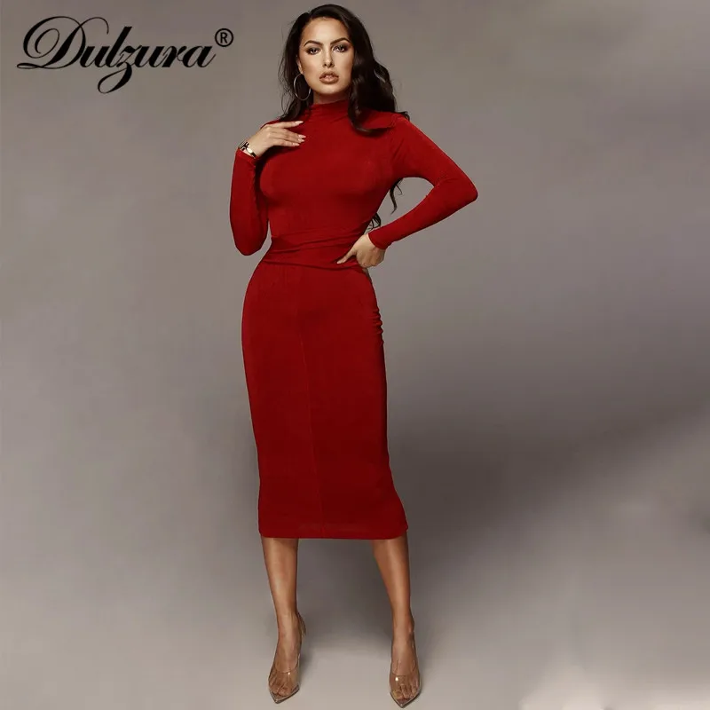 Ceny Dulzura plisowana damska sukienka midi z długim rękawem bodycon elegancka impreza 2019 jesień zima festiwal ubrania wieczorowe stroje obiadowe