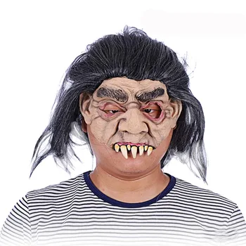 

Tricky Big Teeth Latex Mask Masquerade Party Horror Creepy Elastic Band Full Face Masks with Long Hair Halloween Supplies