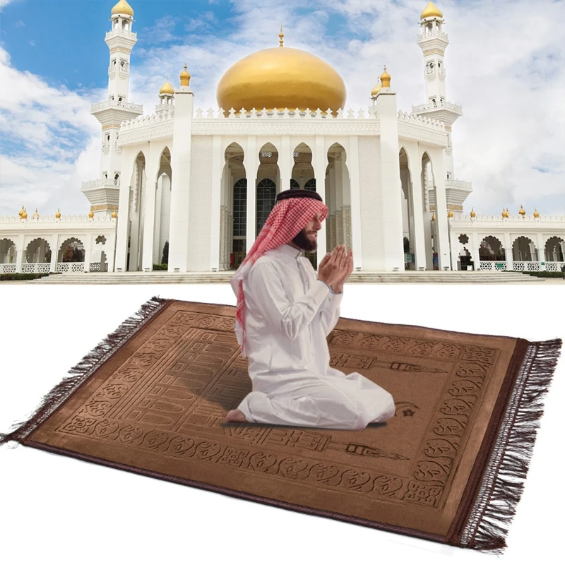 Muslim Prayer Mat Thicken Velvet Plush Carpet Vintage Embossed Floral Pattern Fringe Tassels Anti-Slip Rug Turkish Islamic Padd