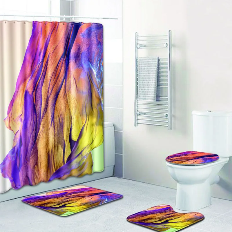 

4pcs/set Colorful Waterproof Shower Curtain Non-slip Toilet Seat Cover Bathroom Rug Floor Mat Carpet Waterproof Home Decor