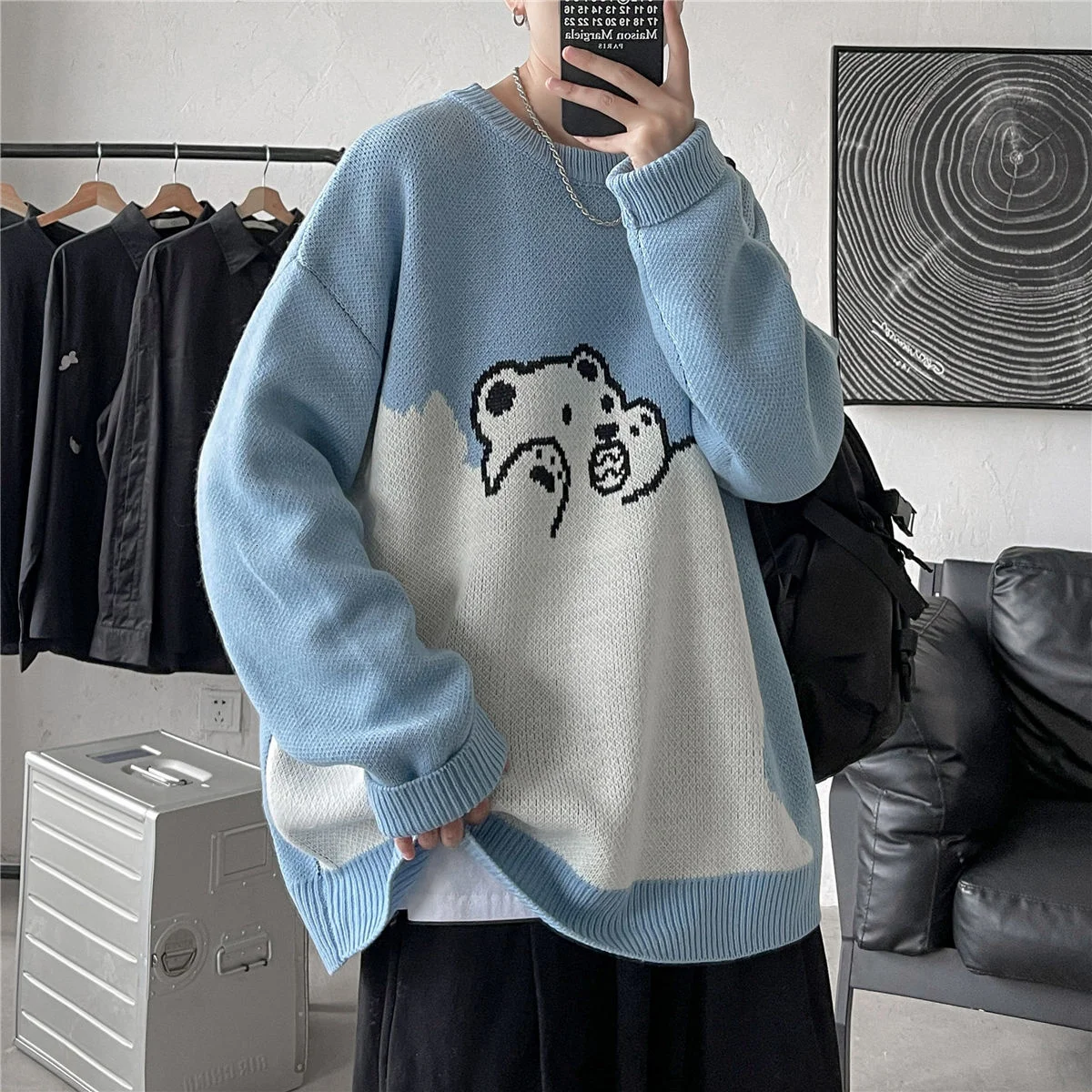 Privathinker Cartoon Bear Mens Sweater Loose Casual O neck Male Knitted ...