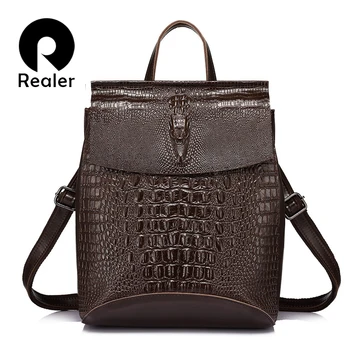 

REALER Brand Fashion Women Backpack Shoulder Bag Female Crocodile Prints Large Multifunctional Bag High Quality Split Leather