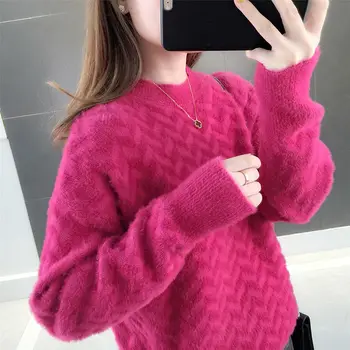 

2020 Spring And Autumn Imitation Mink Velvet Solid Color Sweater Women Loose Wild Round Neck Bottoming Sweater Top