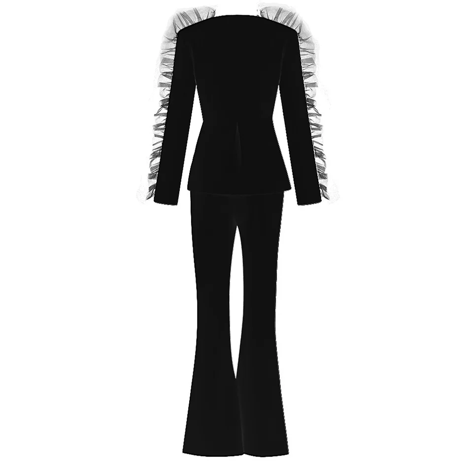 Seamyla для женщин сетки RufflesSexy 2 шт. комплект мода с длинным рукавом знаменитости вечерние пальто и брюки костюм наборы Bodycon Ночной клуб