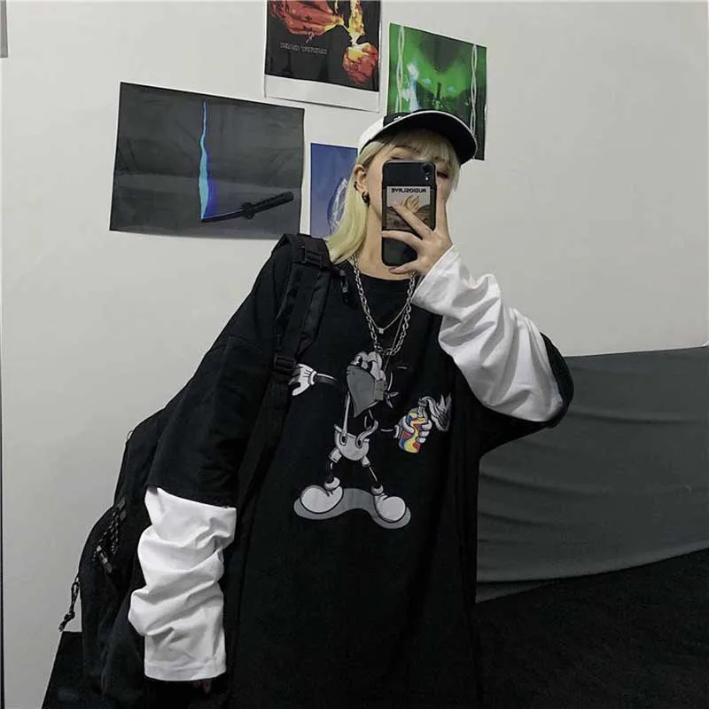 NiceMix Графический панк хип-хоп галстук краситель блок печати негабаритных свободная футболка пуловер женский мужской Корейский Harajuku уличная