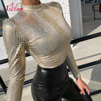 

Aselnn Bornzing Snake Print T Shirt Women Long Sleeve O Neck Skinny Basic Tops Female 2020 Spring Fashion Streetwear Clothes