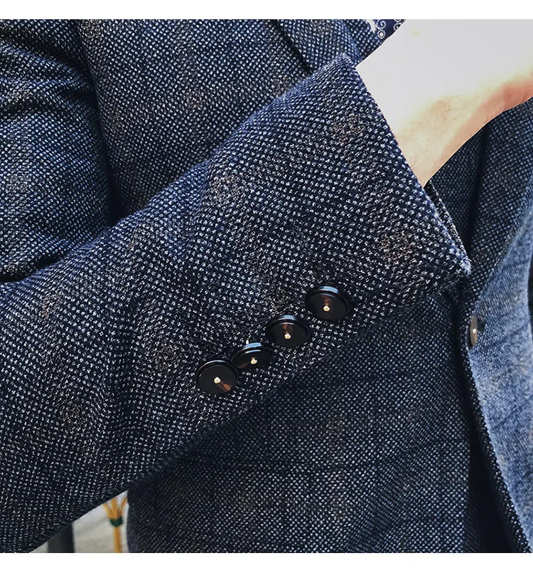 Autumn And Winter Plaid Suit Men's British Wind Wedding Wool Three Sets Of Korean Slim Thick Small Suit Handsome