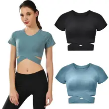 Однотонные спортивные летние женские топы для йоги с круглым вырезом и перекрестной талией, повседневные футболки с коротким рукавом, материал: полиэстер