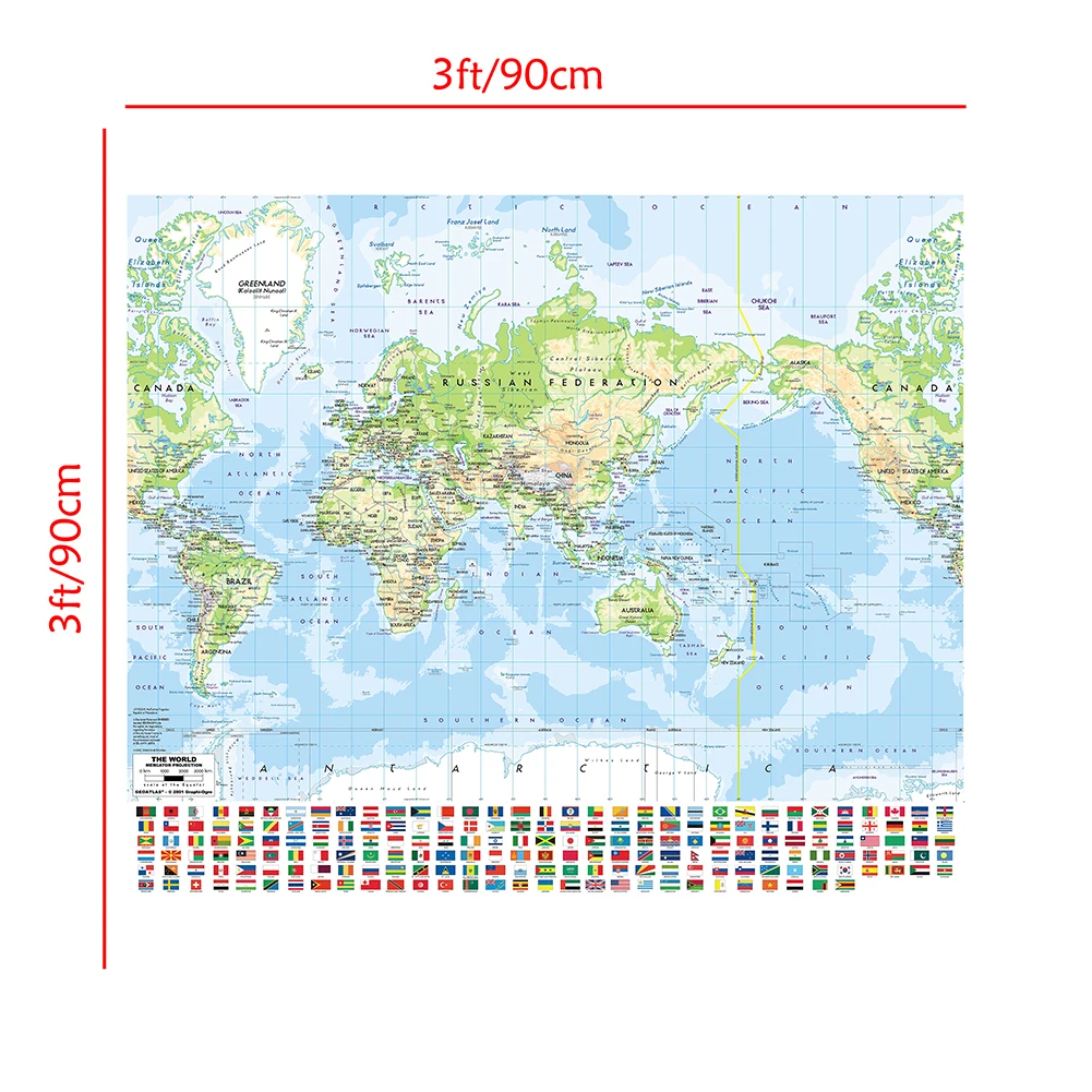 90x90 см меркатор проекция карта мира Нетканая печать карта мира с национальным флагом для образования