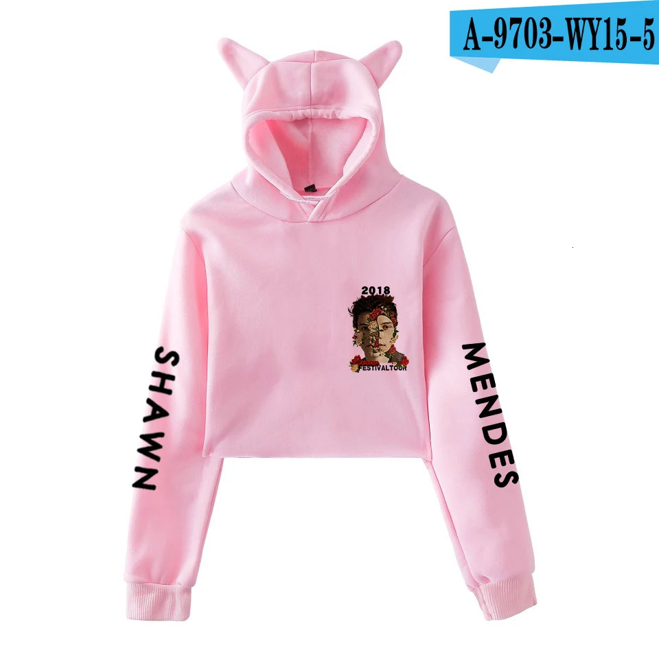 Shawn Mendes худи с кошачьими ушами Толстовка укороченный топ Kawaii кофты повседневные Harajuku Женская одежда с длинным рукавом для девочек топы - Цвет: Picture color