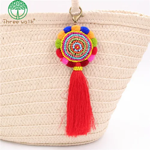 Красочные Boho Pom брелок с длинной кисточкой автомобильный брелок Подвески в форме цветов деревянные бусины для женщин сумка аксессуары - Цвет: red
