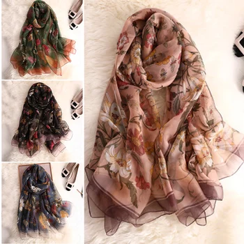 

Retro Long Silky Scarf Flower Print Soft Shawl Spring Summer Beach Gauze Shawl SAL99