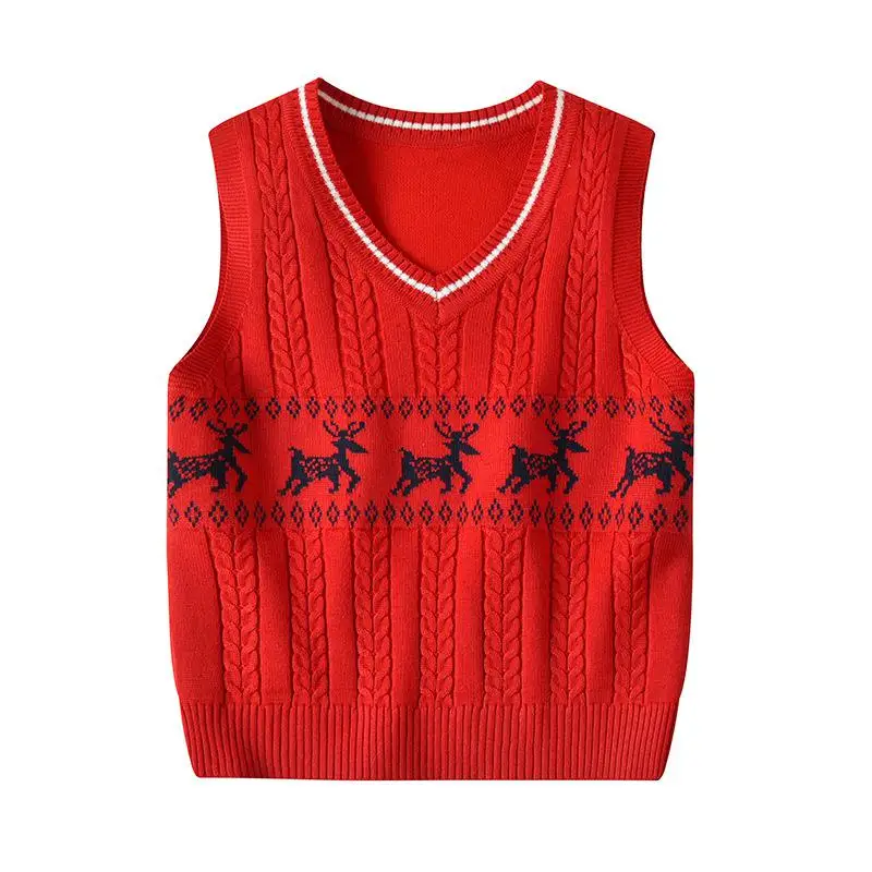 Зимние новые рождественские детские свитера без рукавов, Детский жилет с рисунком лося, вязаный жилет для мальчиков и девочек, повседневный жилет с v-образным вырезом для малышей - Цвет: Red