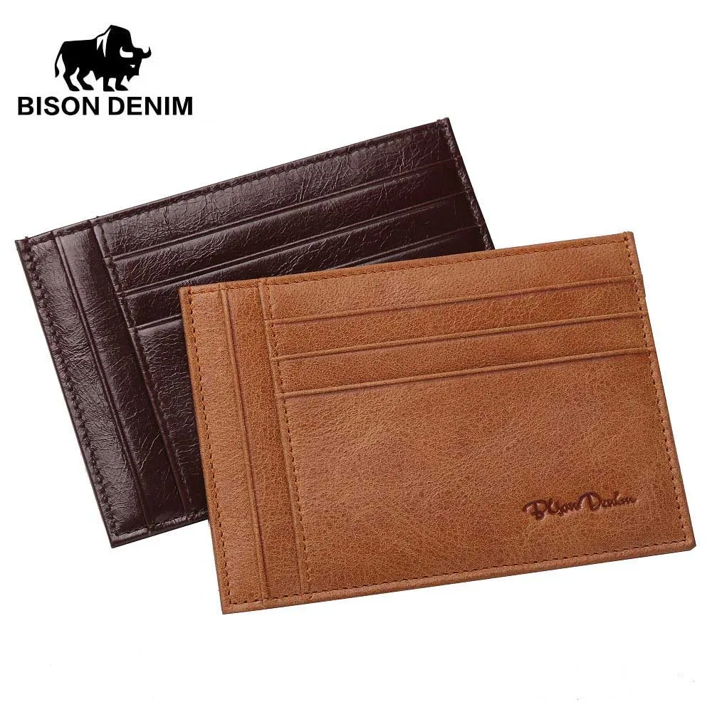 

BISON DENIM Genuine Leather Credit Cart Wallet Mini Slim Wallet Card ID Zipper Holders High Qauliyt Cowskin Leather W9309