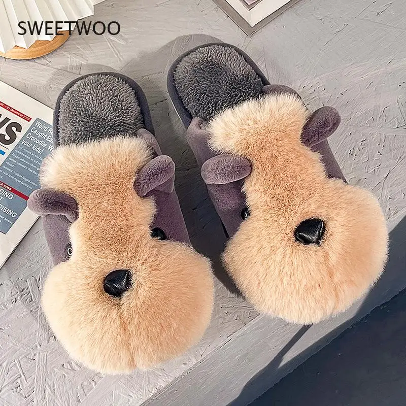 Men Women Fur House Slippers Cotton Warm Shoes Cute Lovely Cartoon Dog Indoor Bedroom Furry Winter Slippers Pair