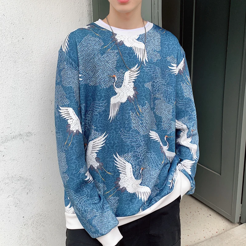 LAPPSTER Men Patchwork Crane Oversized Hoodies Mens Japanese Streetwear Hip Hop Sweatshirts Male Harajuku Kpop Hoodie 5XL - Color: Blue