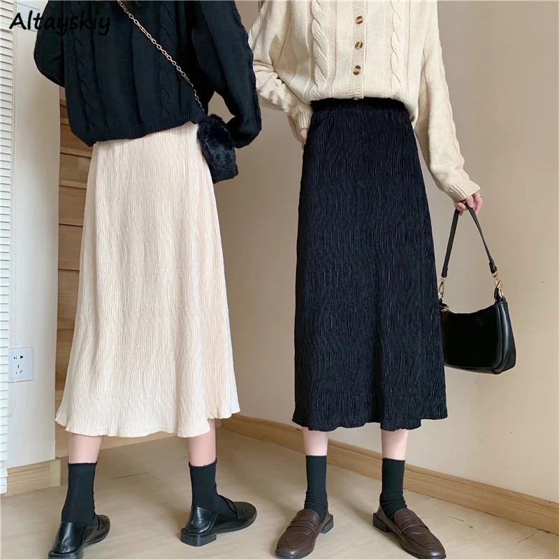 

Solid Skirts Women Korean Style Fashion Autumn Mid-calf Ruffles Females Casual Streetwear Chic Elegant All-match Classic Popular