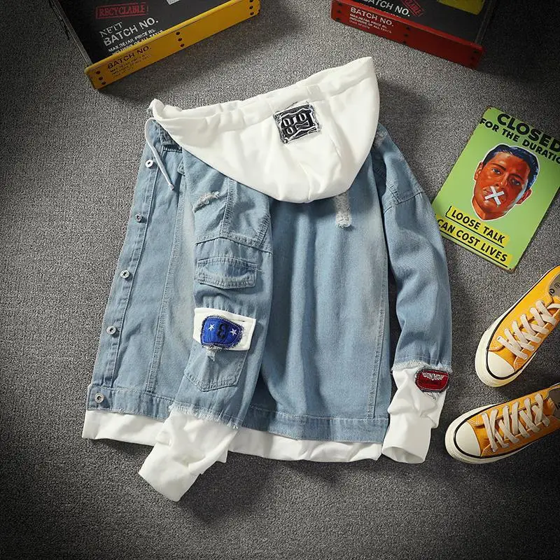 

Spring Summer Handsome Mock Two-Piece Denim Jacket Men Plus-sized Casual Jacket Korean-style Trend Men'S Wear