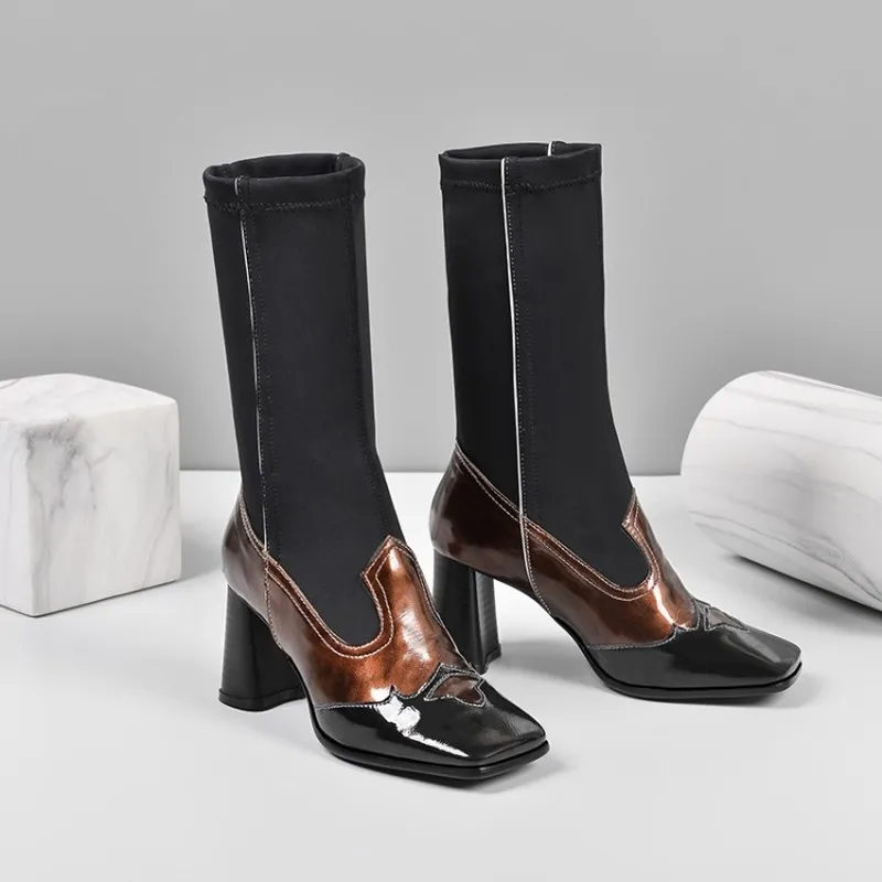 

US4-11 Womens Square Toe Genuine Leather Stitching Socks Tube Mid Calf Boots Strange Chunky High Heel Shoes Fashion Plus Size