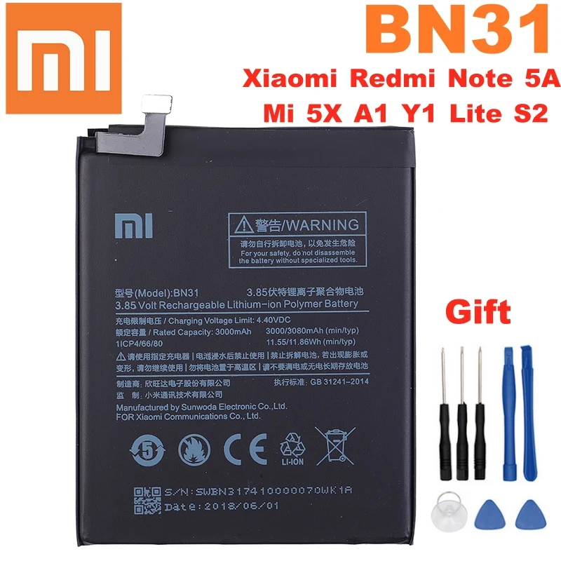 100% Оригинальный аккумулятор 3000 мАч BN31 для Xiaomi Mi 5X Redmi Note 5A pro A1 Y1 Lite S2 | Мобильные