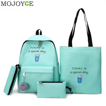 

4pcs/Set Composite Women Canvas Backpack Teenage Girls Student Travel Rucksack Shoulder School Bag Pencil Case