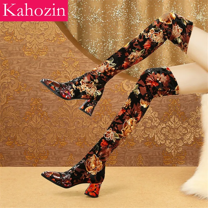 

high quality Pure sheep suede vamp Print elastic fabric women over the knee boots shoe heel 7CM platform slip-on women boots