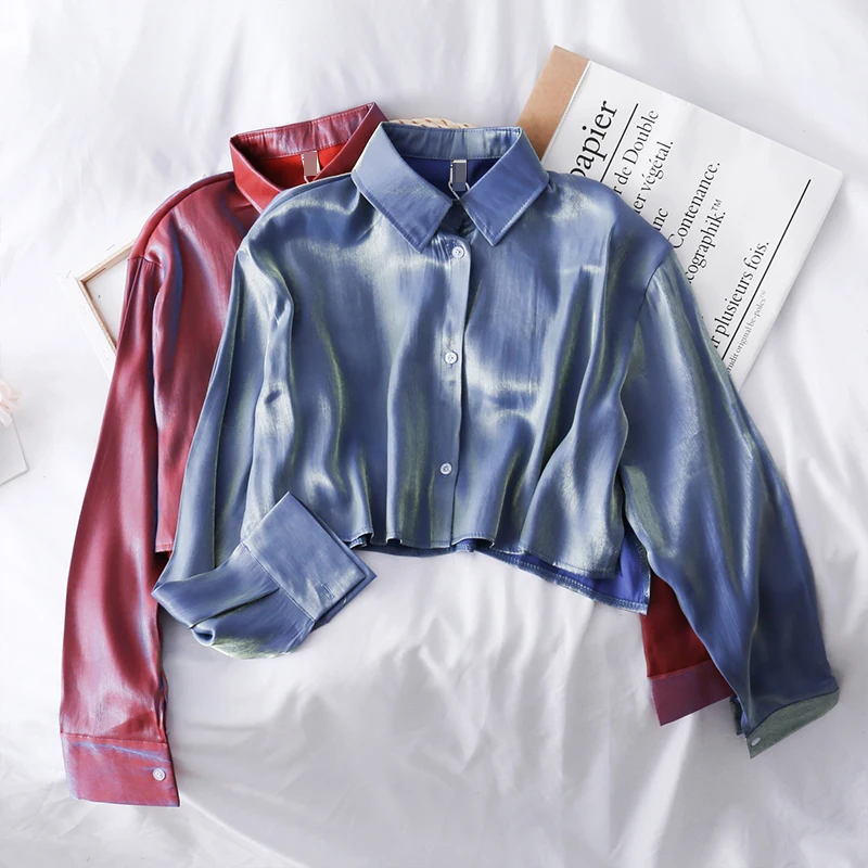 Корейский Блеск свободный тонкий однобортный длинный рукав рубашка для женщин короткий укороченный Топ куртка с лацканами J385
