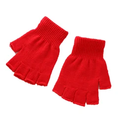 Unisex Black Wool Knit Fingerless Gloves - Warm Winter Workout Mittens (Red)