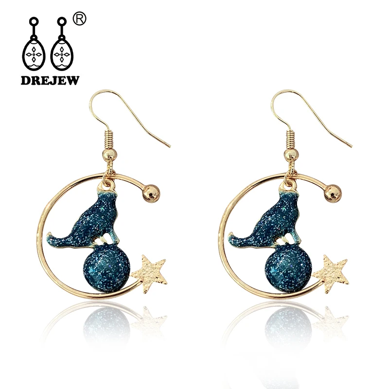 

DREJEW Cute Gold Circle Star Blue Cat Statement Dangle Earrings 2019 Korean Fashion Alloy Drop Earrings for Women Ear Cuff HE617