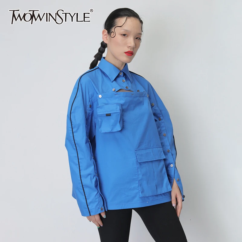 

TWOTWINSTYLE Korean Women's Shirts Lapel Collar Long Sleeve Pocket Button Shirt Female 2019 Autumn Oversized Fashion New