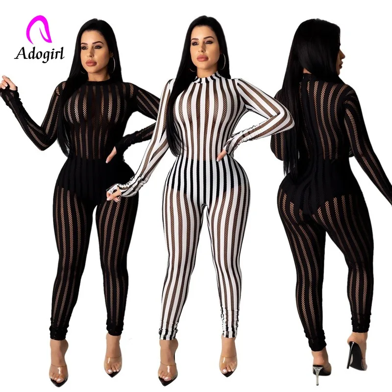 

Black Stripe Women Mesh Jumpsuit Turtleneck Long Sleeve Skinny Rompers Night Club Party Sexy Bodysuit 2020 Sheer Casual Outfits