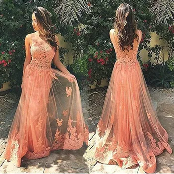 

Gorgeous Sleeveless robe de soiree Lace Prom Party Dress vestido de festa 2020 Tulle Orange color long evening dress