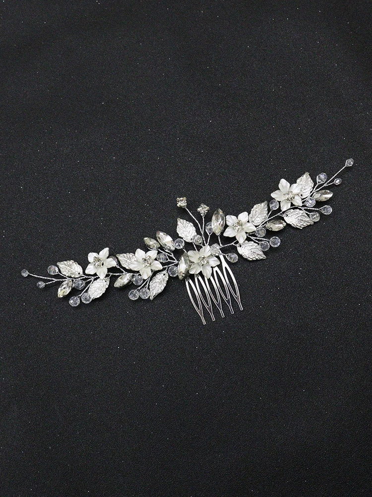 Silver Floral Bride Headdress Leaf Headbands Rhinestone Women Hair Ornaments Wedding Bridal Hair Accessories Vine Comb