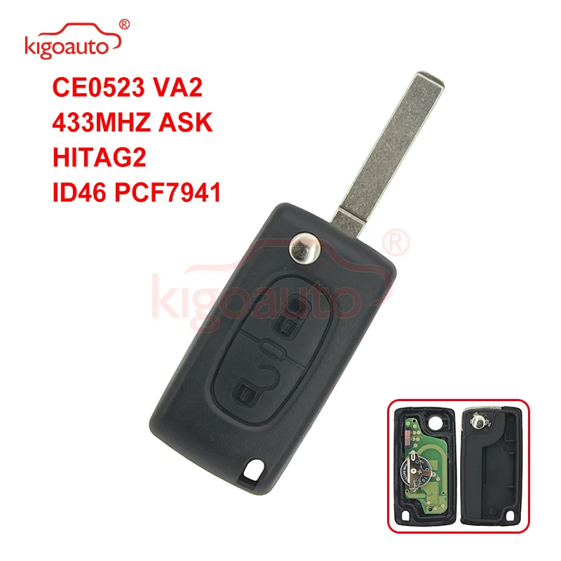 

Kigoauto CE0523 Flip remote key 2 button VA2 434Mhz pcf7941 ASK for Peugeot 207 307 407 807