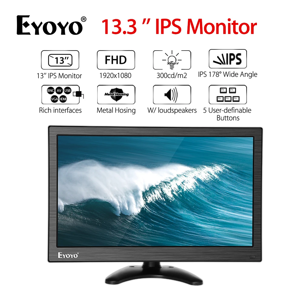 

Eyoyo EM13Y 13.3" Color TFT LCD AV VGA BNC USB HDMI Input Display Monitor Screen CCTV Security Surveillance For DVD VCD Security