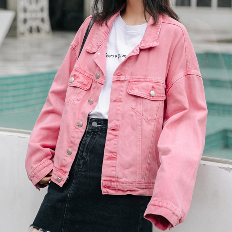 Флисовая Повседневная джинсовая куртка ярких цветов для женщин, свободная розовая джинсовая куртка veste femme