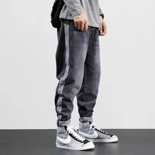 Корейский стиль, модные мужские джинсы, Ретро стиль, серые свободные штаны-шаровары, большой размер 28-42, полосатые дизайнерские джинсы в стиле хип-хоп, мужские брюки-карандаш