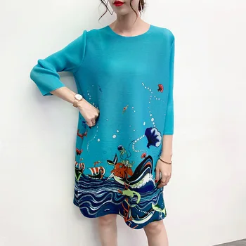 

LANMREM 2020 New Spring Round Collar Print Mid-length Dress Women Vintage Loose Big Size Office Lady Fashion Pleated Dress PD648