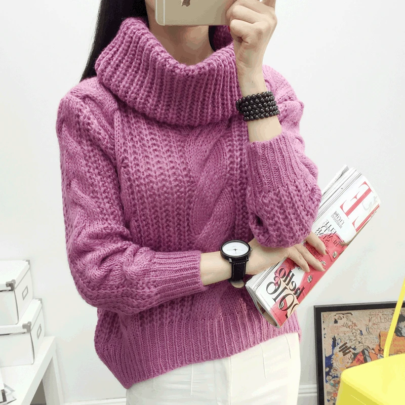 Solid Thick Korean Style Women Sweater Long Sleeve Turtleneck Knitted Pullovers Casual Loose Winter Tops | Женская одежда