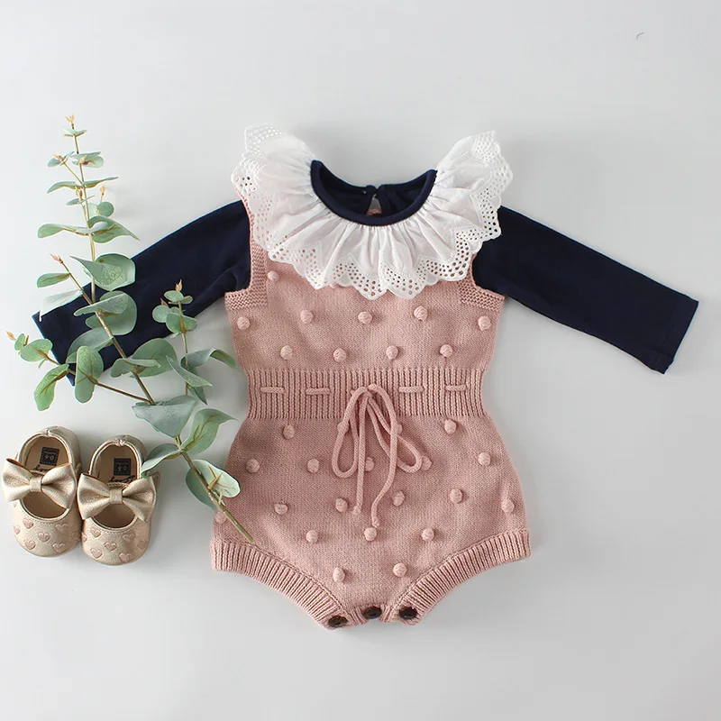 Ins hot sale baby girl clothes hand-made areata baby infant knitting wool conjoined clothing bag fart climb romper clothes - Цвет: Dumb powder