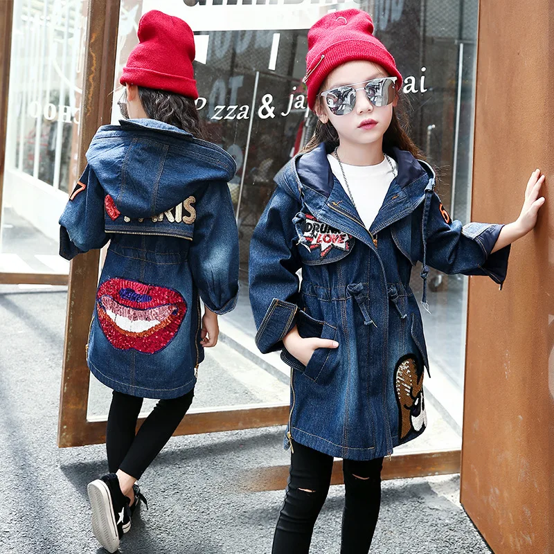 

2018 Girls' Jean Jacket Big Boy Autumn And Winter Fashion Korean-style Mid-length Cartoon Jeans Coat Manufacturers Wholesale