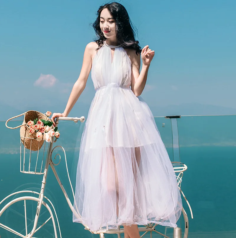 

Summer New Style Beads Halter Gauze Big Hemline Dress Seaside Holiday Fairy Long Skirts