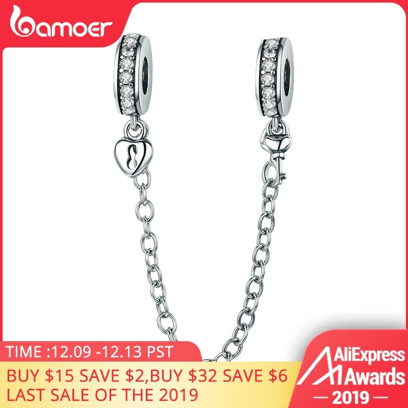 Online BAMOER auténtica Plata de Ley 925 apilable corazón amor colgante de corazón cadena de seguridad encanto adecuado encanto pulsera DIY joyería SCC606